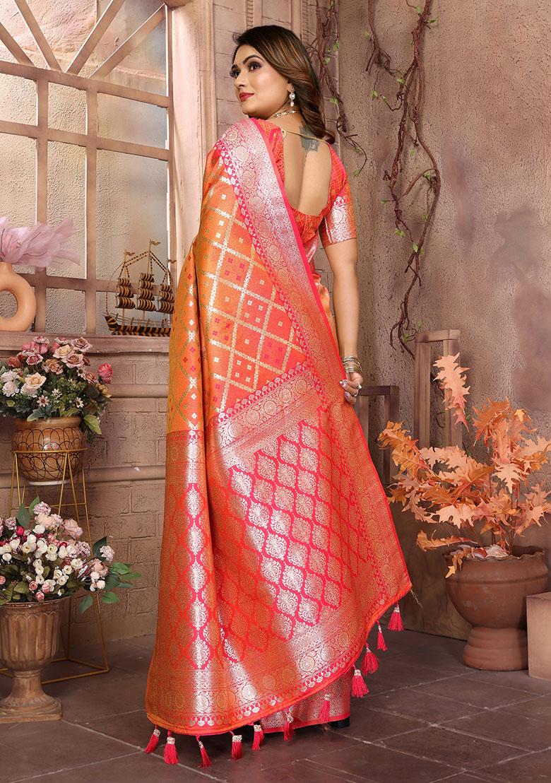 Orange Jacquard Silk Saree Set