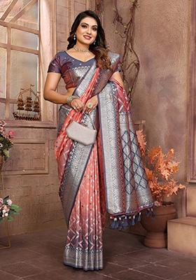 Peach Jacquard Silk Saree Set