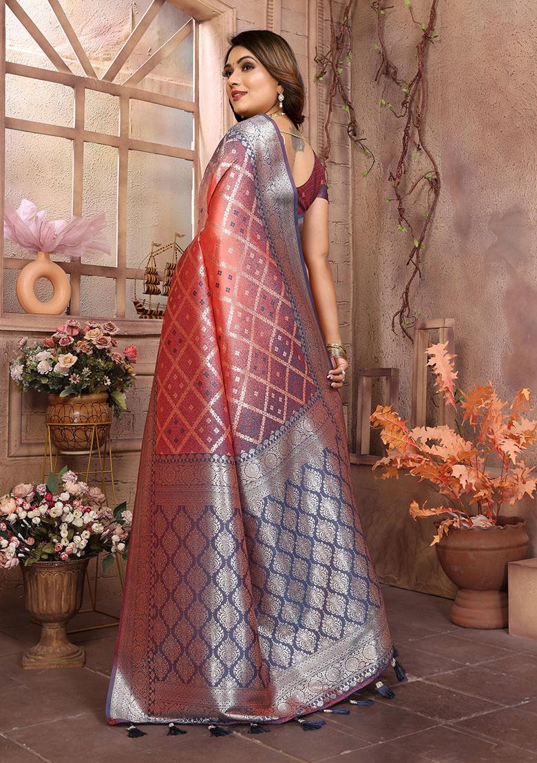 Peach Jacquard Silk Saree Set