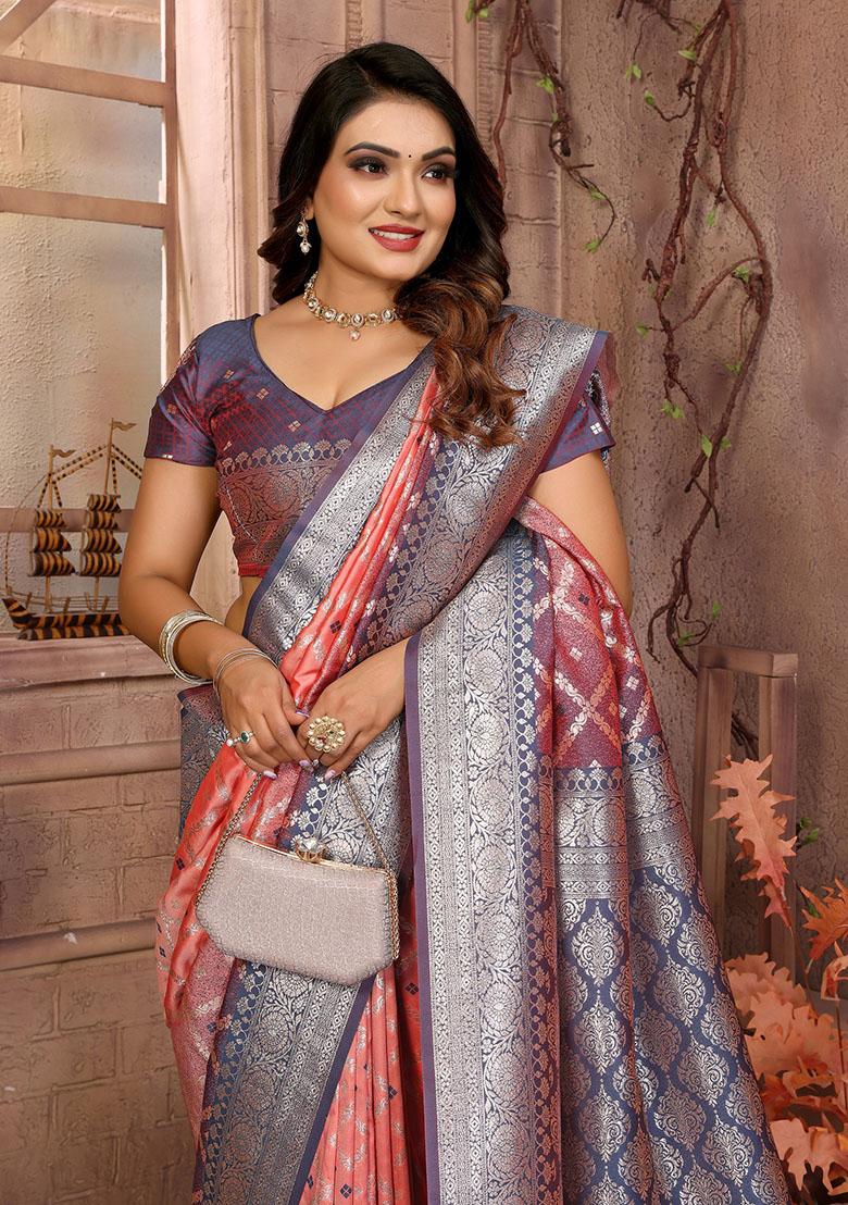 Peach Jacquard Silk Saree Set