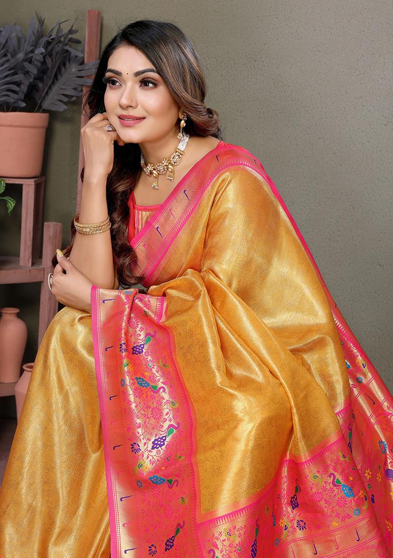 Mustard Yellow Jacquard Tissue Saree Set