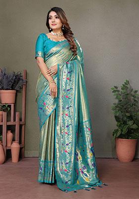 Rama Blue Jacquard Tissue Saree Set