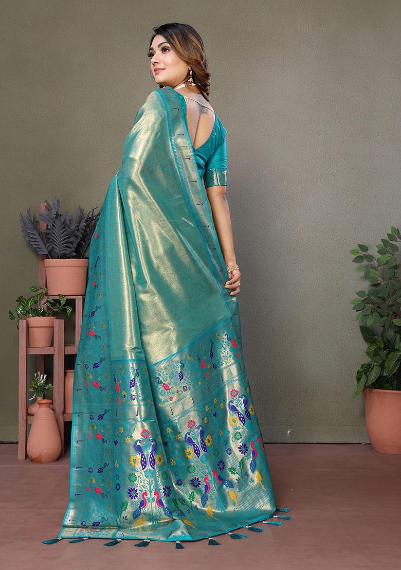 Rama Blue Jacquard Tissue Saree Set