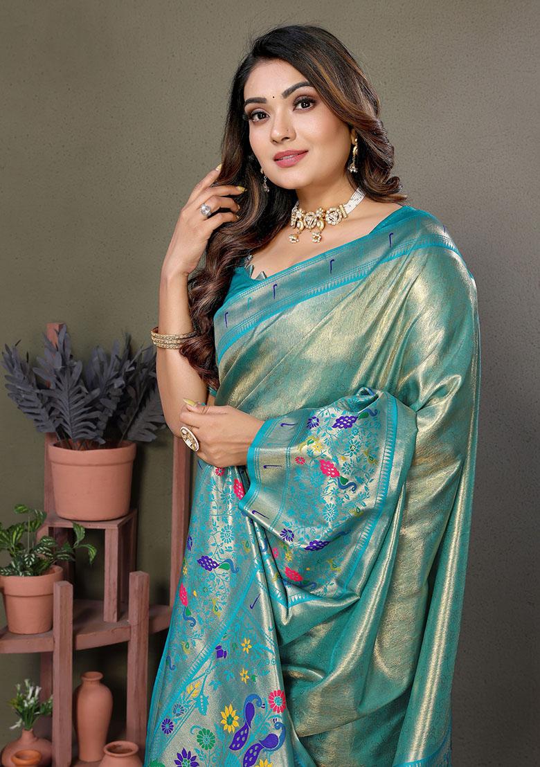 Rama Blue Jacquard Tissue Saree Set