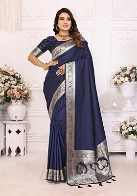 Navy Blue Jacquard Silk Saree Set