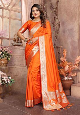 Orange Jacquard Silk Saree Set