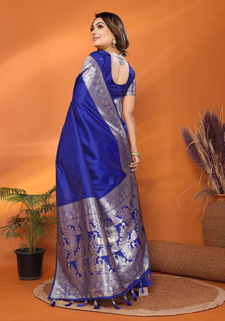 Blue Jacquard Silk Saree Set