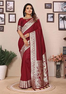 Maroon Jacquard Silk Saree Set