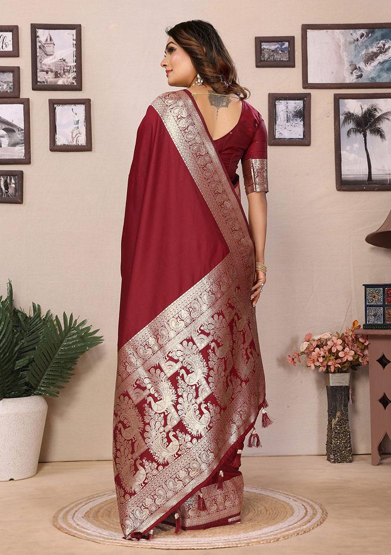 Maroon Jacquard Silk Saree Set