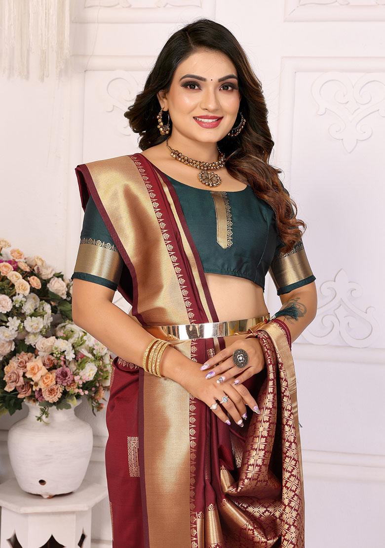 Maroon Jacquard Silk Saree Set