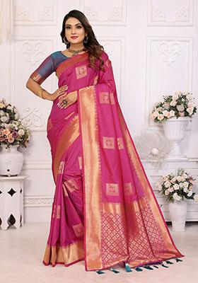 Pink Jacquard Silk Saree Set
