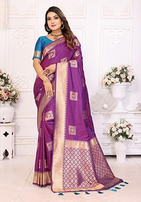 Purple Jacquard Silk Saree Set