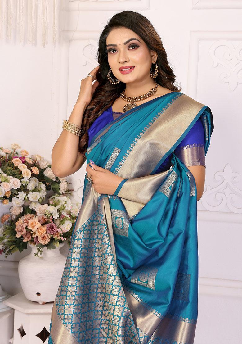 Rama Blue Jacquard Silk Saree Set