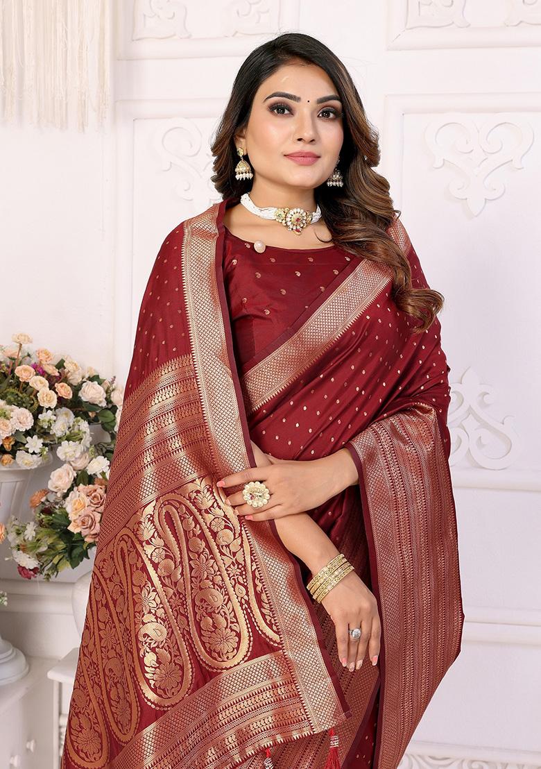Maroon Jacquard Silk Saree Set
