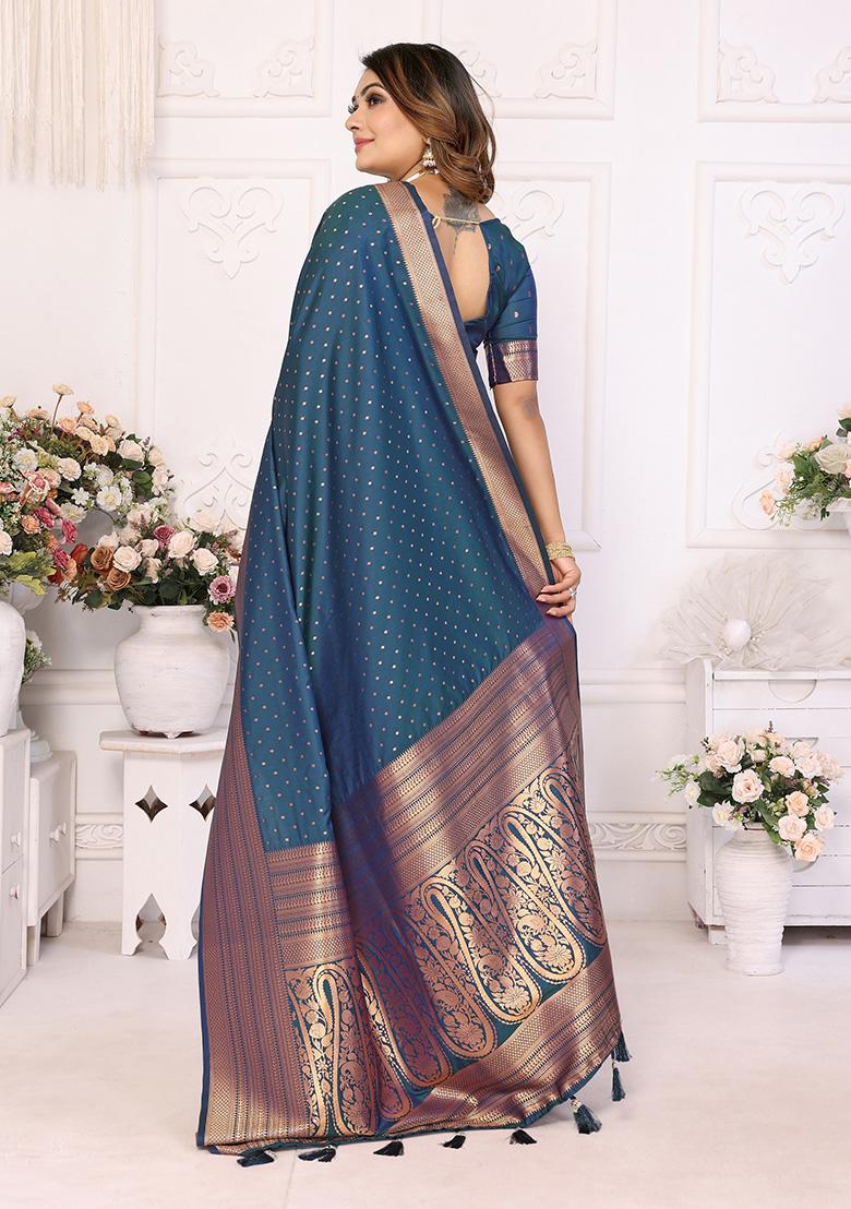 Navy Blue Jacquard Silk Saree Set
