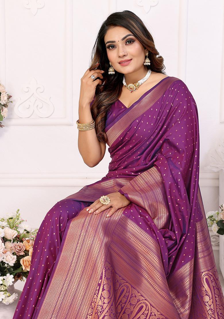Purple Jacquard Silk Saree Set