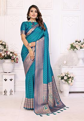 Rama Blue Jacquard Silk Saree Set