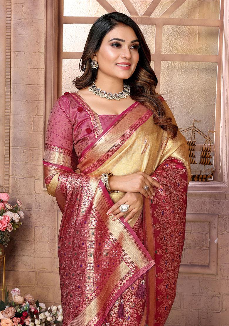 Beige Jacquard Tissue Saree Set