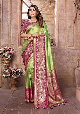 Parrot Green Jacquard Tissue Saree Set