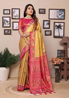 Mustard Yellow Jacquard Tissue Saree Set