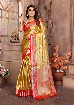Mustard Yellow Jacquard Tissue Saree Set