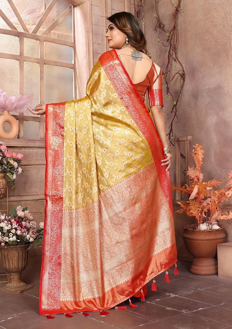 Mustard Yellow Jacquard Tissue Saree Set