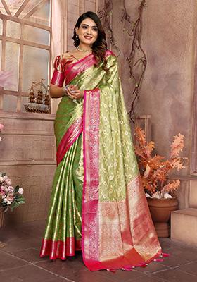 Parrot Green Jacquard Tissue Saree Set