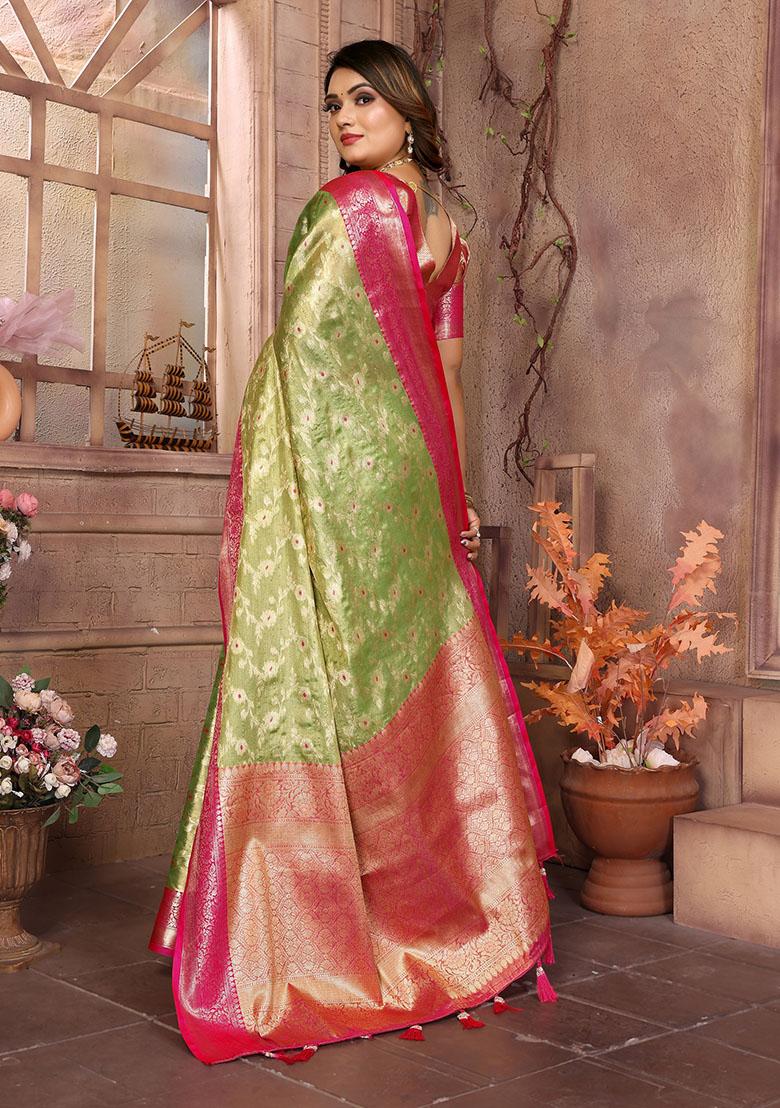 Parrot Green Jacquard Tissue Saree Set