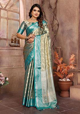 Rama Blue Jacquard Tissue Saree Set