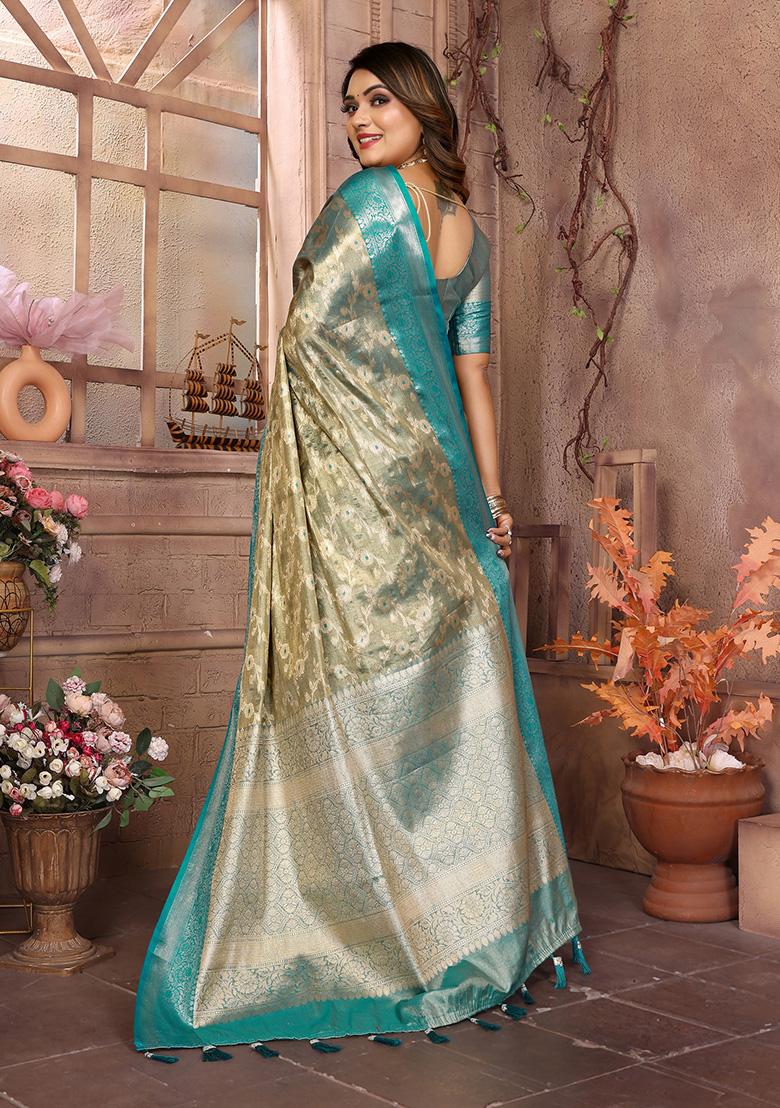 Rama Blue Jacquard Tissue Saree Set