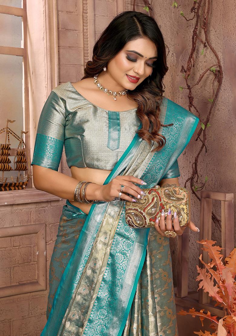 Rama Blue Jacquard Tissue Saree Set