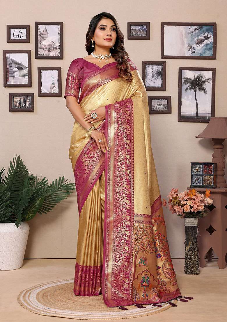 Beige Jacquard Tissue Saree Set - Indya