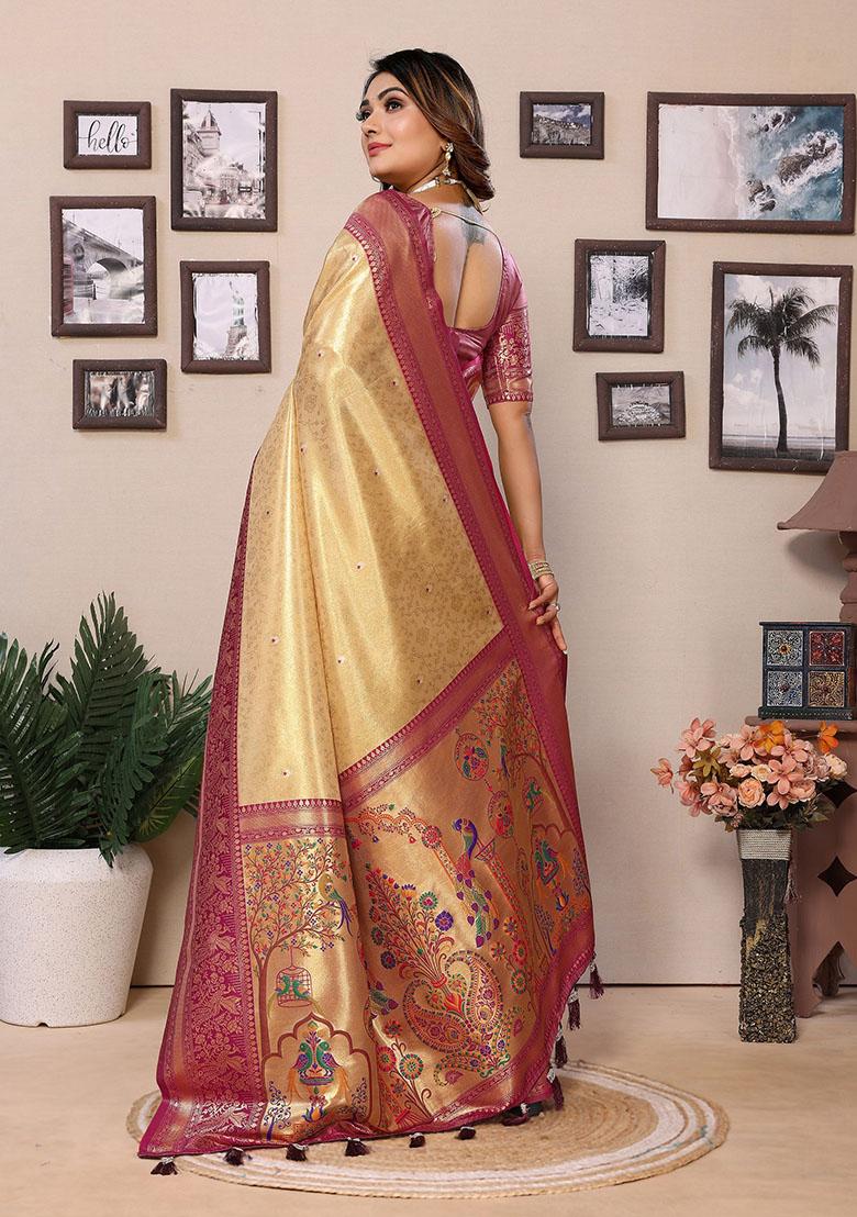 Beige Jacquard Tissue Saree Set
