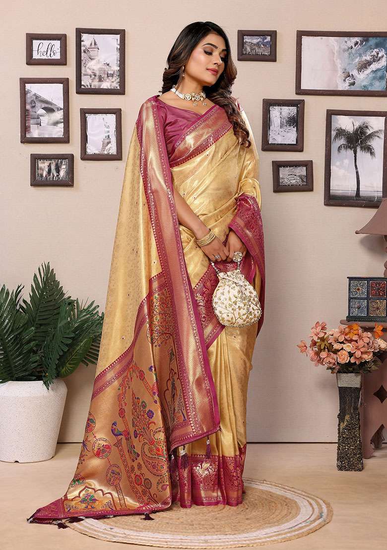Beige Jacquard Tissue Saree Set - Indya