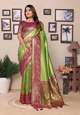 Parrot Green Jacquard Tissue Saree Set