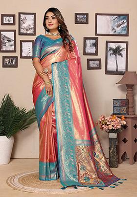 Peach Jacquard Tissue Saree Set