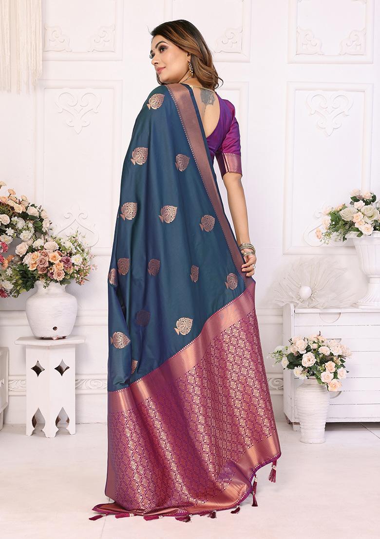 Blue Jacquard Silk Saree Set