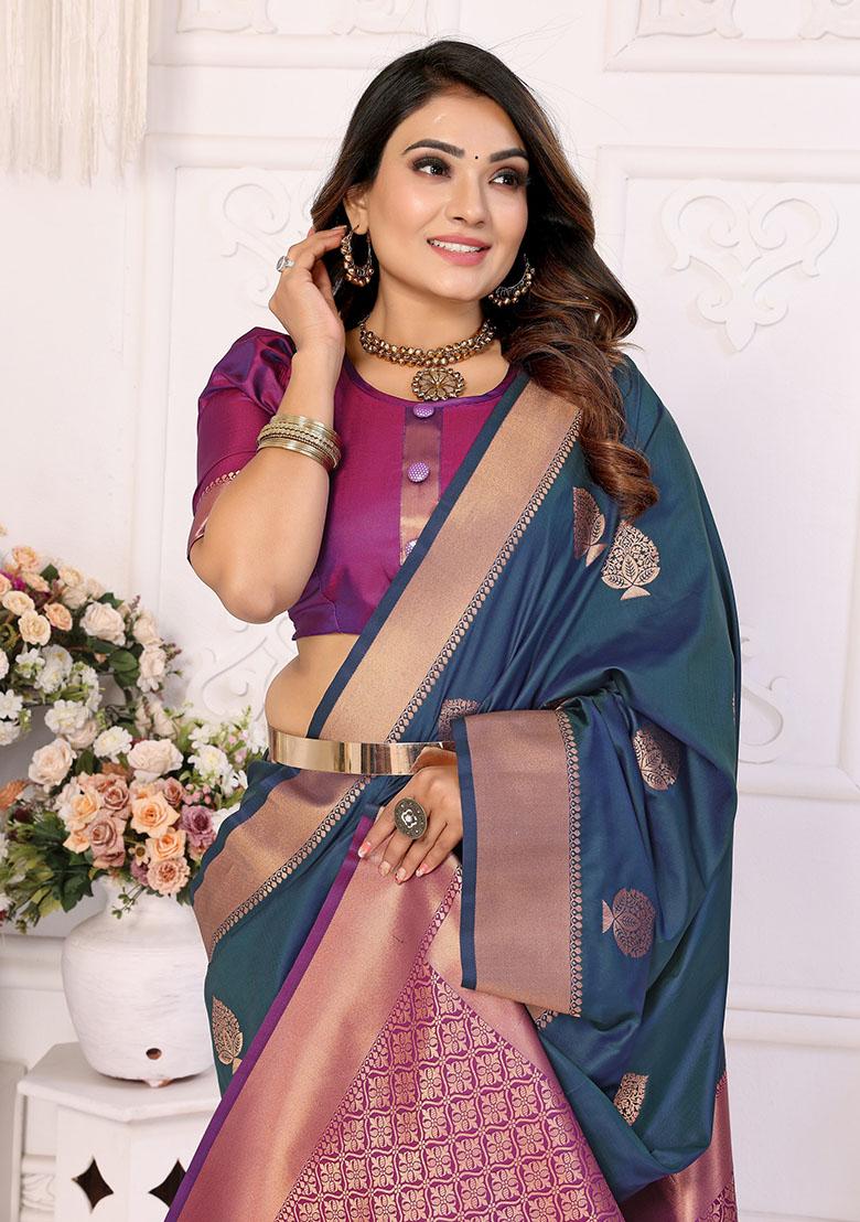 Blue Jacquard Silk Saree Set