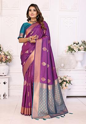 Purple Jacquard Silk Saree Set