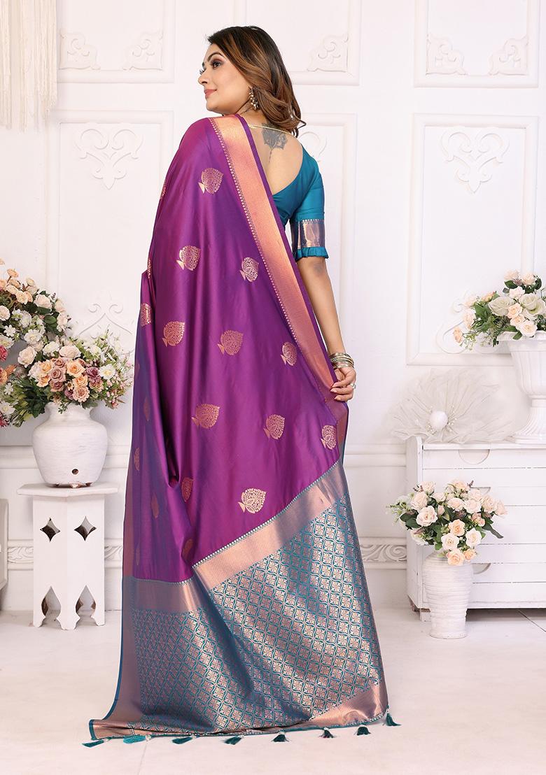 Purple Jacquard Silk Saree Set