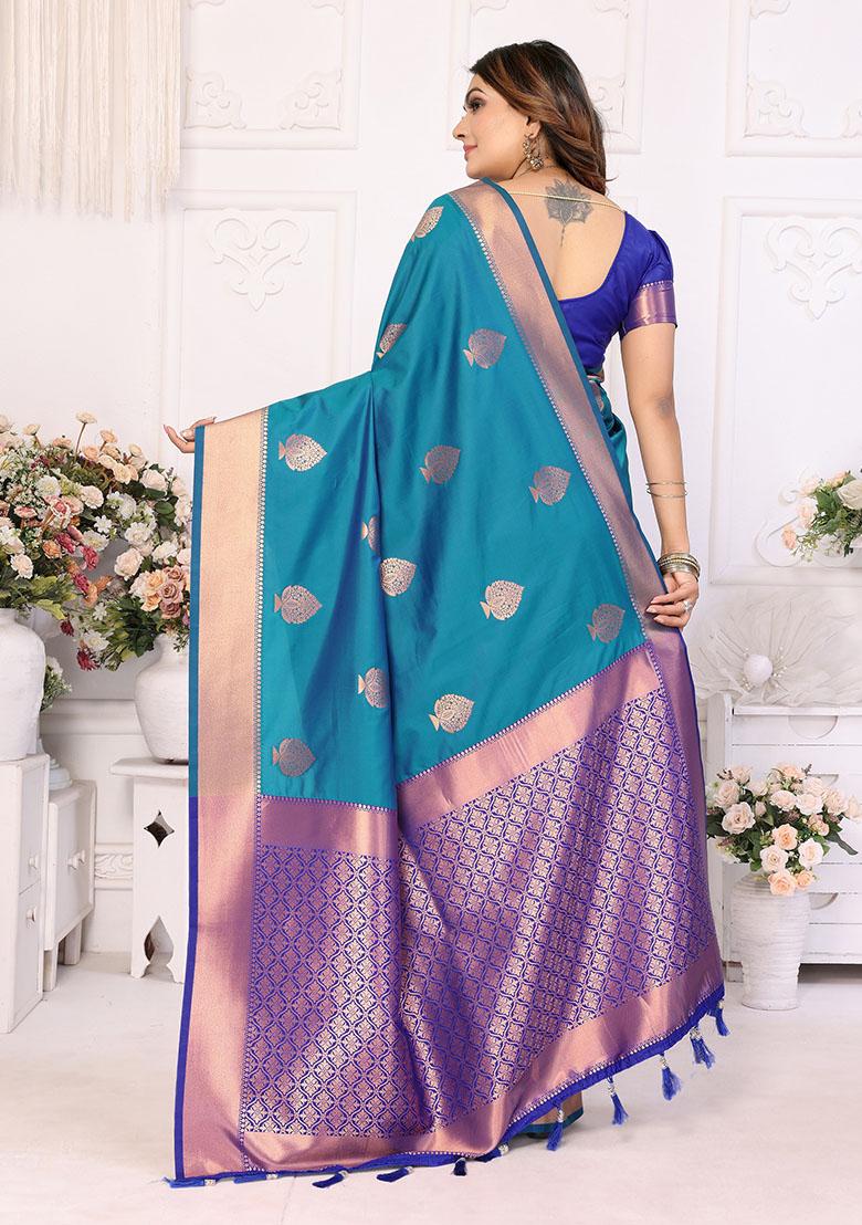 Rama Blue Jacquard Silk Saree Set