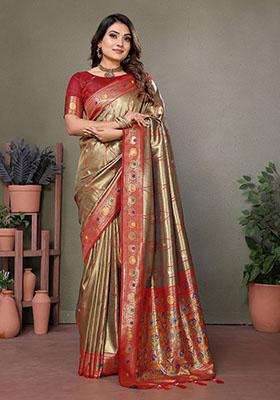 Beige Jacquard Tissue Saree Set