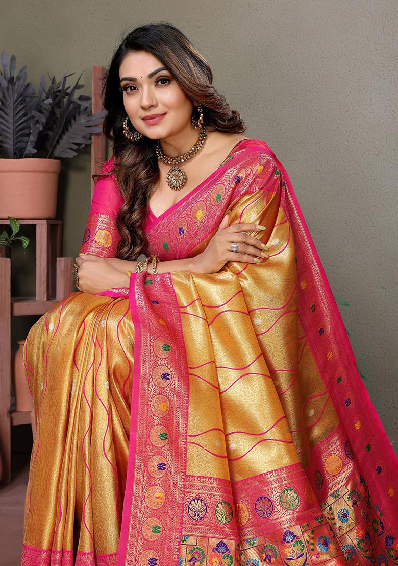Mustard Yellow Jacquard Tissue Saree Set