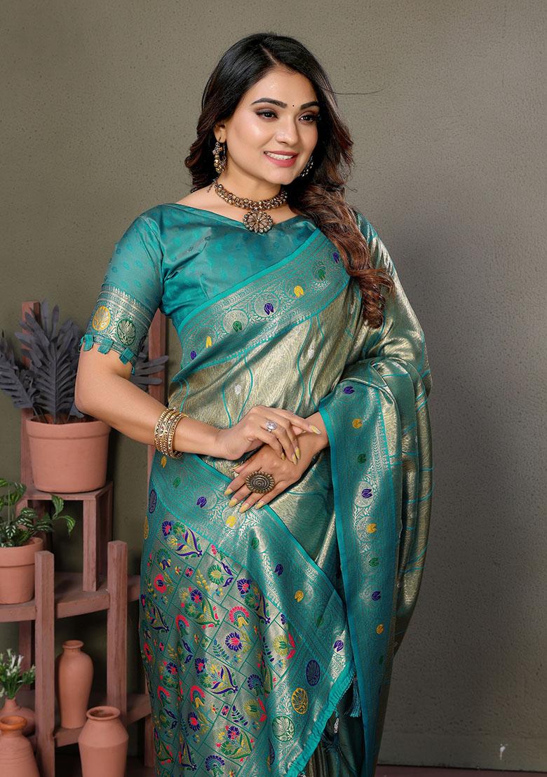 Rama Blue Jacquard Tissue Saree Set