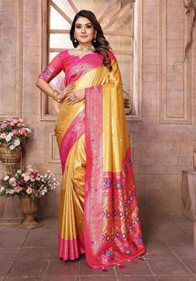 Mustard Yellow Jacquard Tissue Saree Set