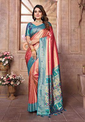 Peach Jacquard Tissue Saree Set