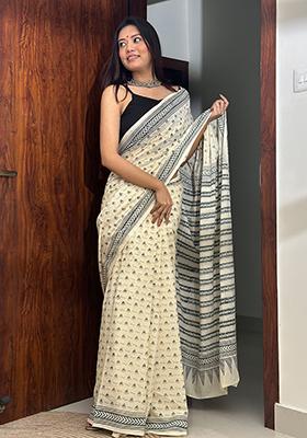 Off White Printed Cotton Saree
