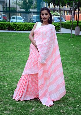Peach Printed Cotton Saree