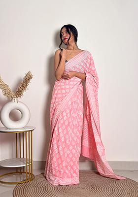 Peach Printed Cotton Saree