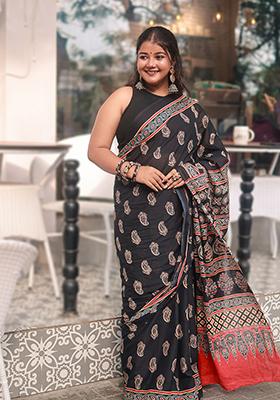 Black Printed Cotton Saree